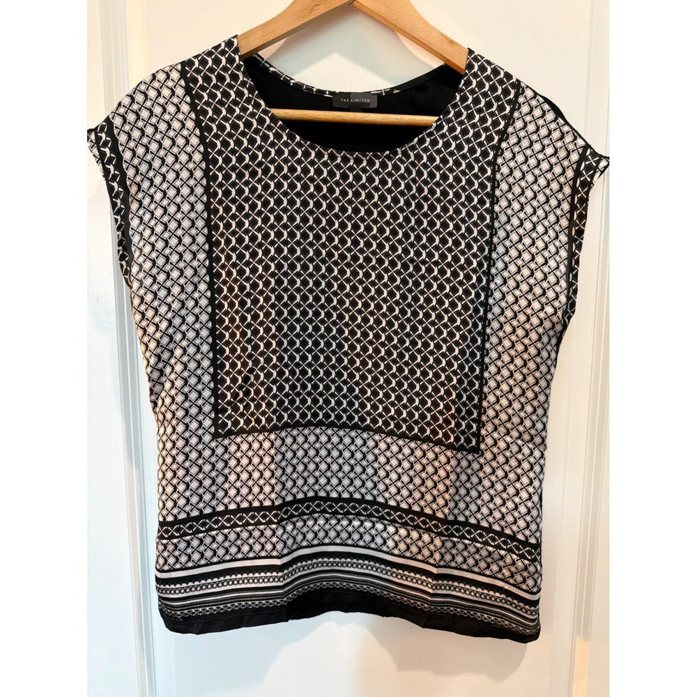The Limited Women Black White Geometric Tile Print Cap Sleeve Mixed Media Top S